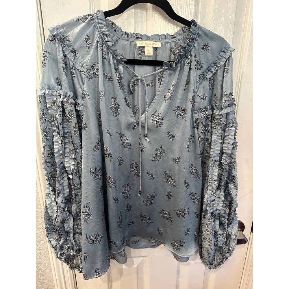 Chelsea & Violet Blouse Blue Floral Ruffle Sleeve V-Neck Tie Front Top XL Boho